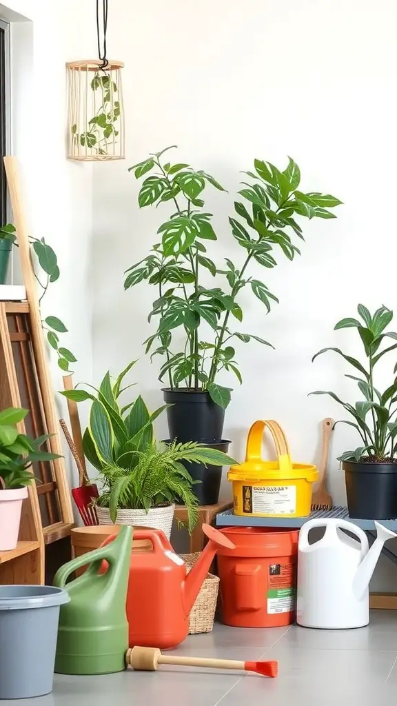 A collection of indoor plants and gardening tools in a bright space, featuring colorful pots and watering cans.