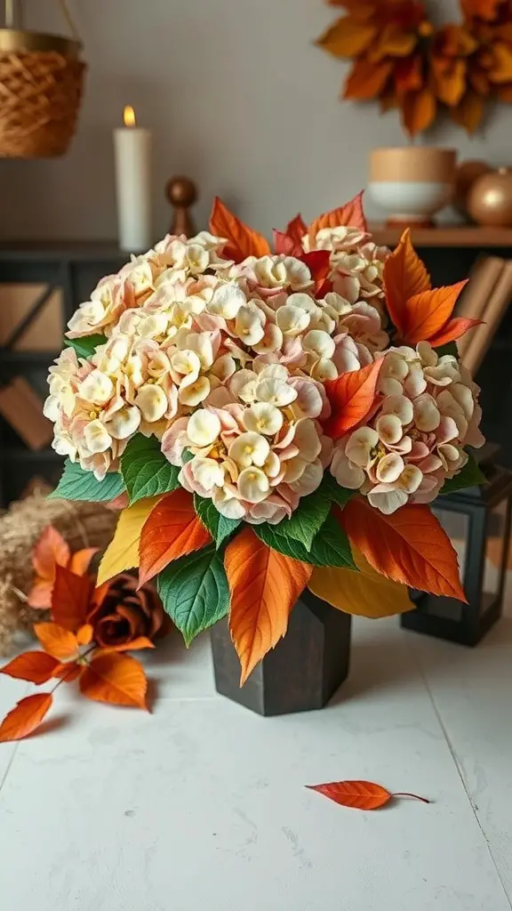 A beautiful hydrangea bouquet with pink and cream flowers, accented by vibrant autumn leaves in a stylish vase.