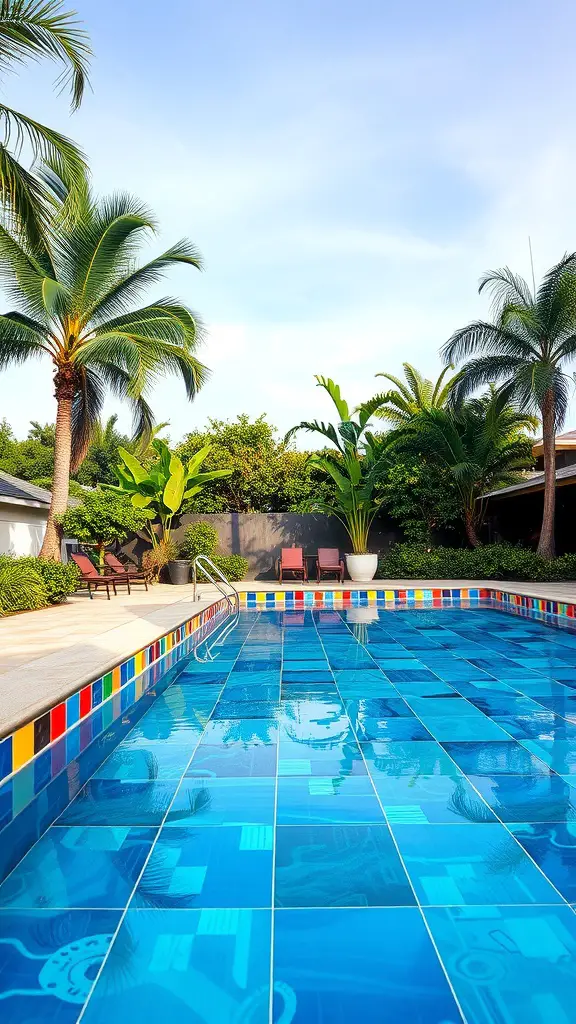 A bright and inviting pool with colorful tiles and lush greenery.