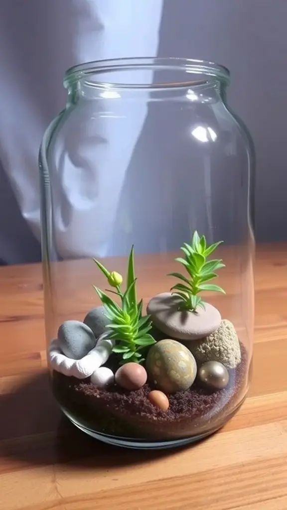 A glass terrarium containing green plants, decorative stones, and colorful pebbles.