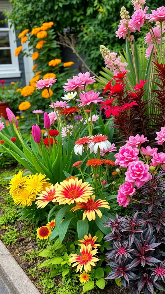 A colorful garden filled with pink, red, yellow, and orange flowers, surrounded by lush green foliage.