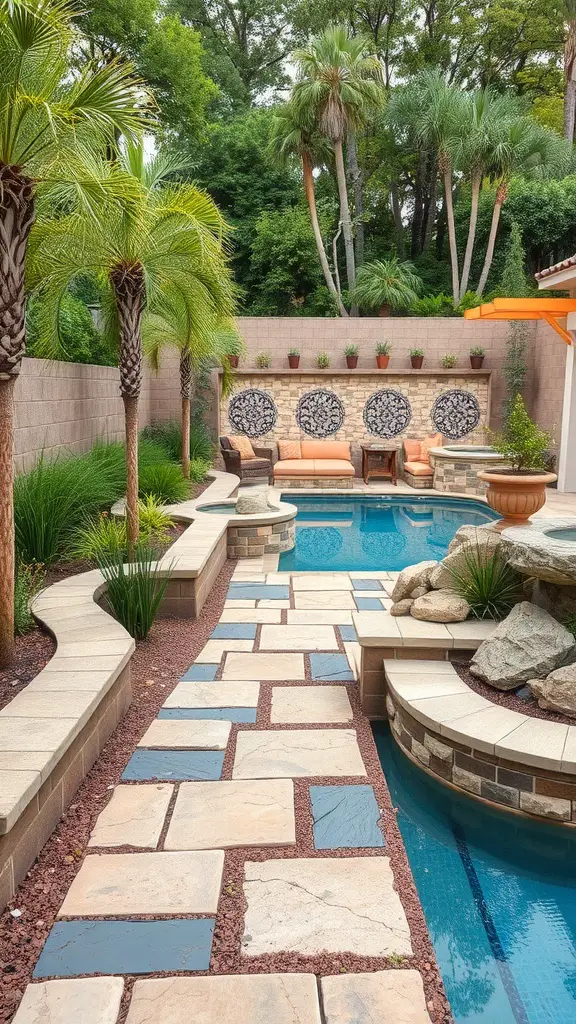 A beautifully landscaped pool area featuring a stone pathway, seating area, and tropical plants.