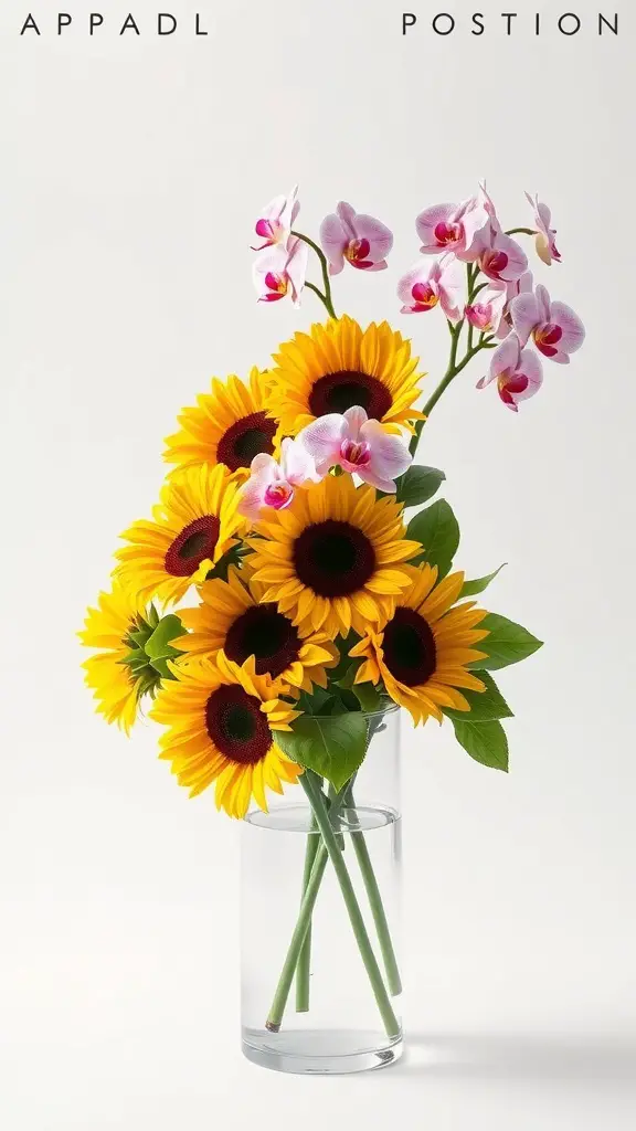 A bouquet featuring sunflowers and orchids in a clear vase.