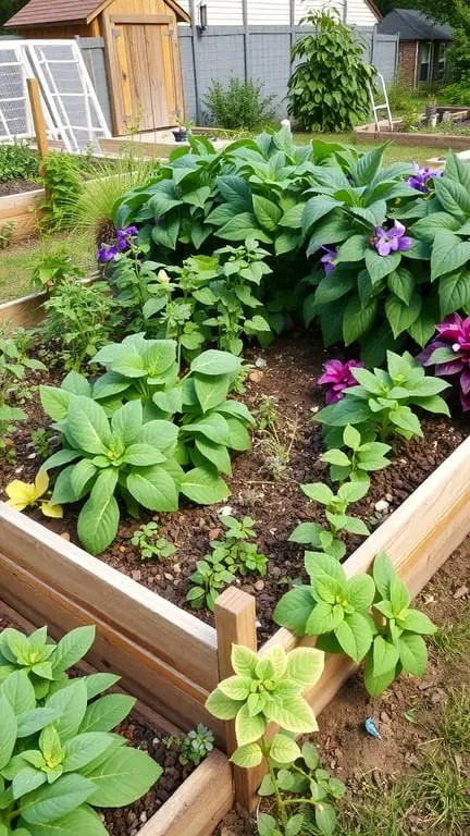 A community garden with several raised beds filled with plants and people gardening.