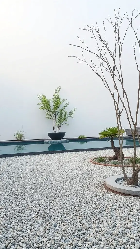 A serene Zen garden with a pool, featuring smooth pebbles, minimalist plants, and clear water.