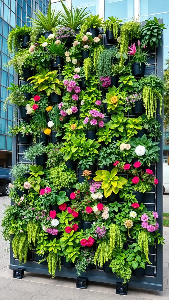 A vibrant vertical garden wall filled with various plants and flowers.