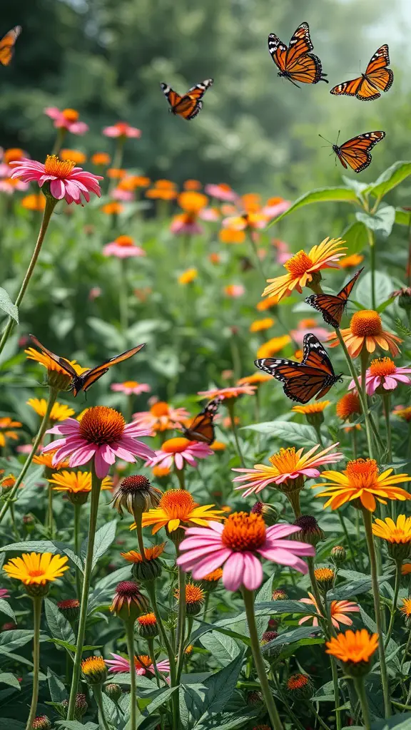 A vibrant butterfly garden filled with colorful flowers and butterflies fluttering around.