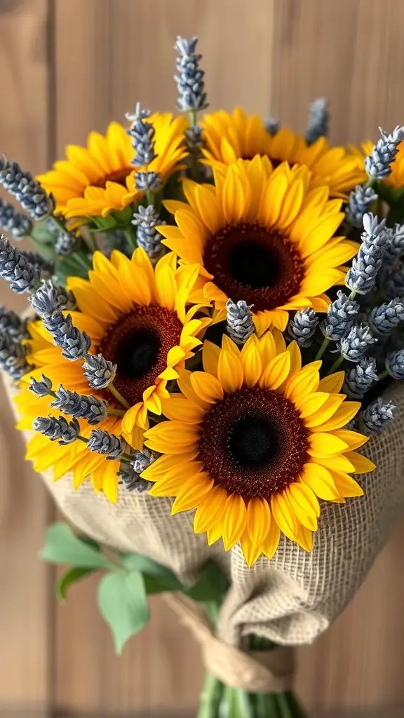 A bouquet of sunflowers and lavender wrapped in burlap.