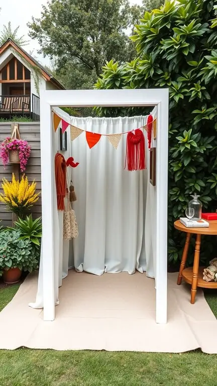 A summer garden party photo booth with friends posing together.