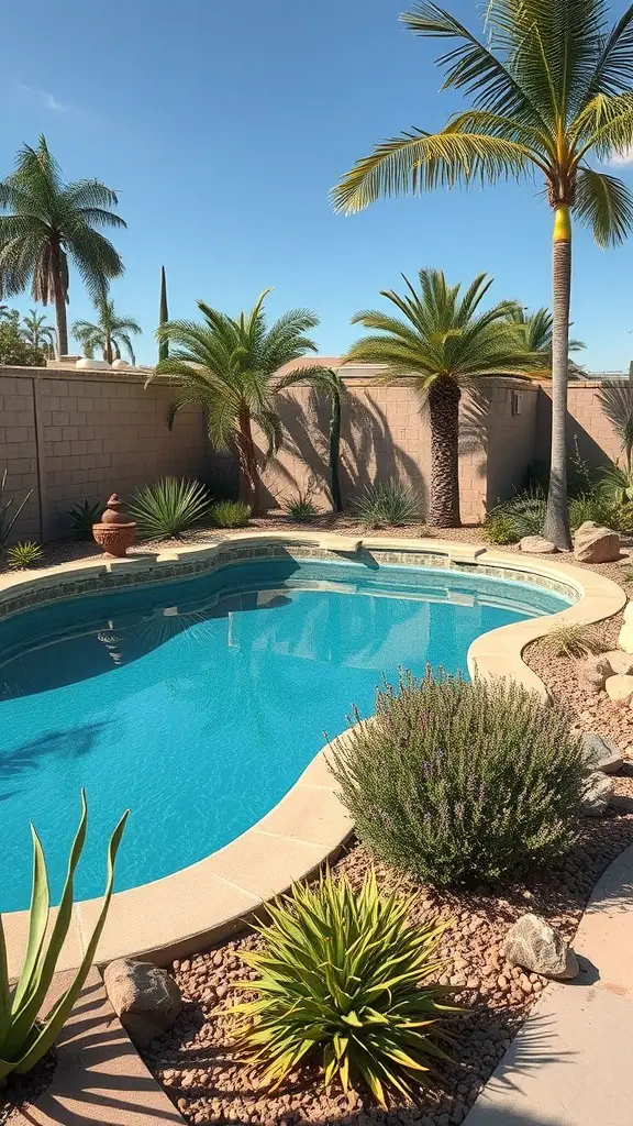 A beautifully landscaped pool area featuring palm trees and native plants.
