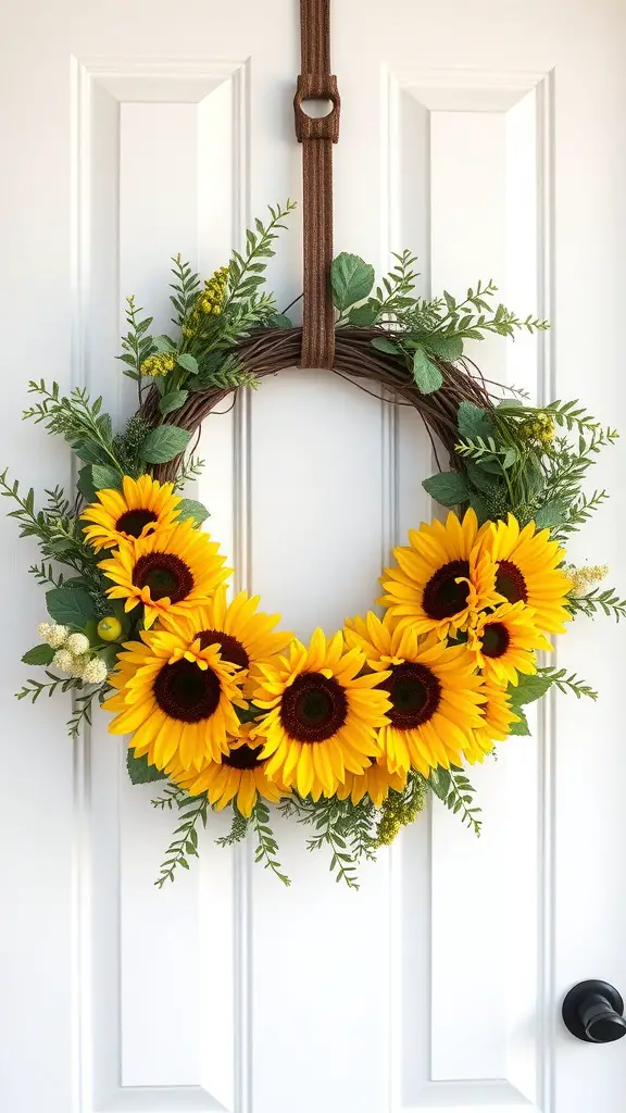 A sunflower wreath with bright yellow flowers and greenery hanging on a white door.