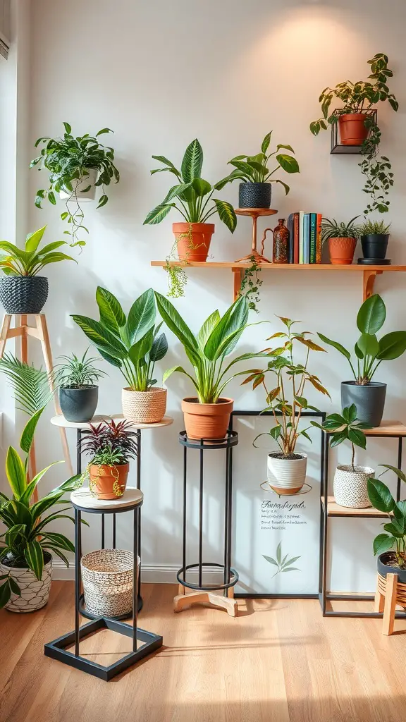 A stylish arrangement of indoor plants on decorative stands and shelves, showcasing various types of greenery and colorful pots.