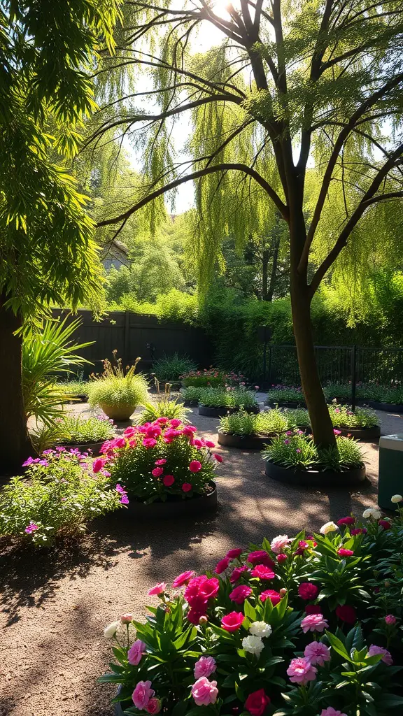A serene garden scene with vibrant flowers and sunlight filtering through trees.