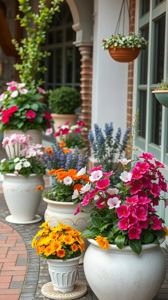 A variety of outdoor planters filled with colorful flowers, showcasing a vibrant garden aesthetic.