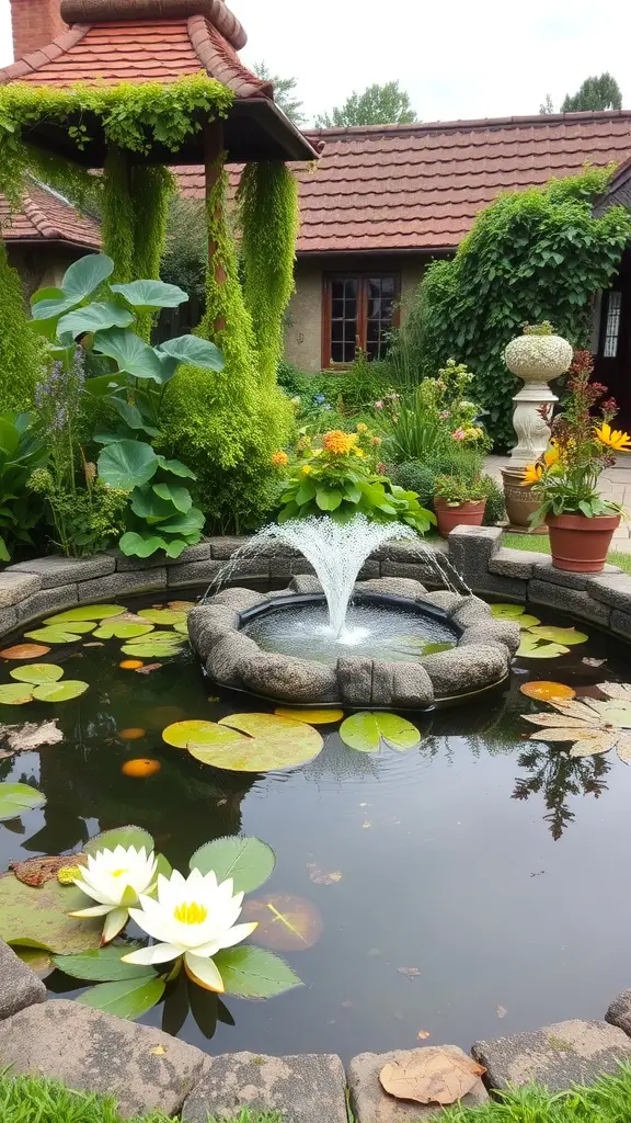 A serene pond with a fountain, surrounded by lush plants and flowers.