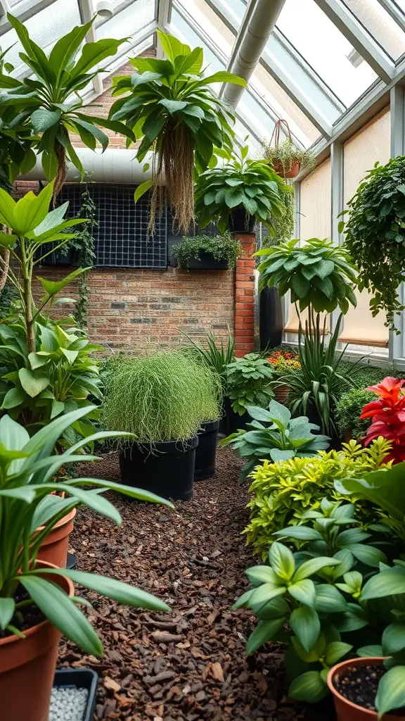 Indoor garden with various plants in pots, showcasing sustainable indoor plant care.