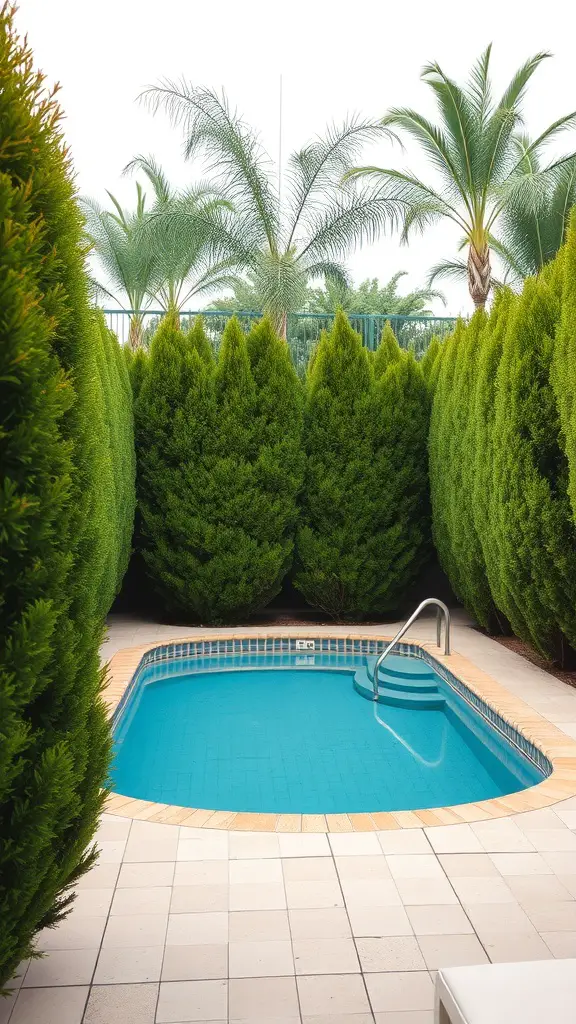 A private pool area surrounded by tall green hedges and palm trees.