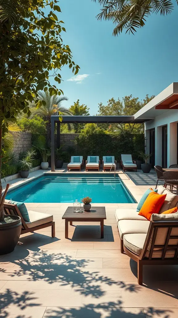 A cozy lounge area by a pool with comfortable chairs, bright cushions, and a small table surrounded by greenery.