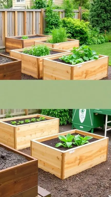 Image of raised garden beds at different heights with plants growing in them.