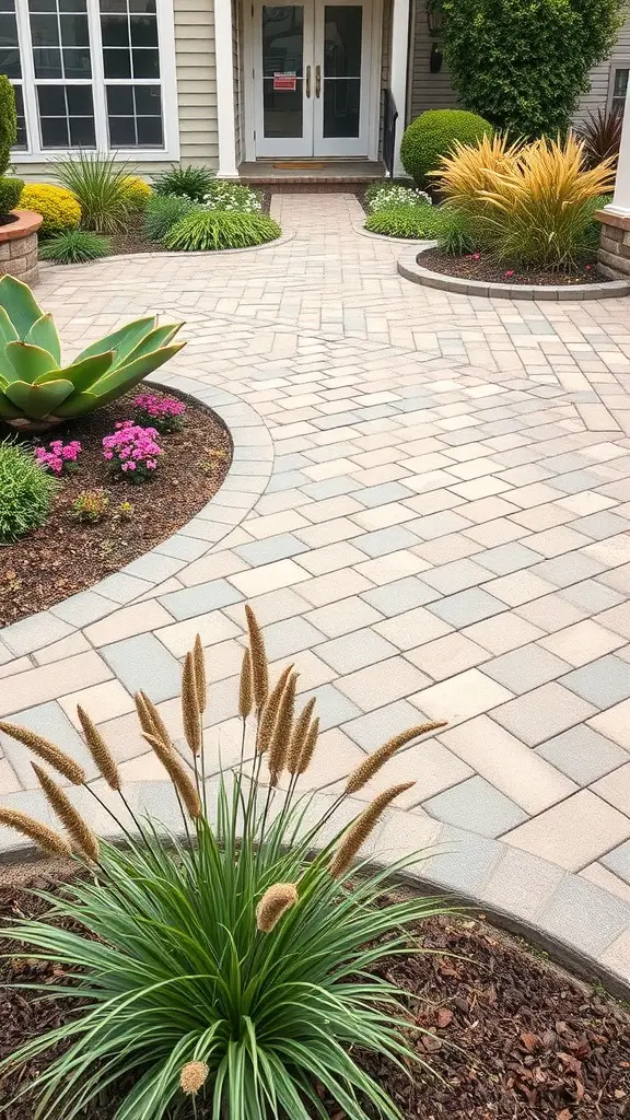A beautifully designed front yard with a patterned patio and colorful plants.