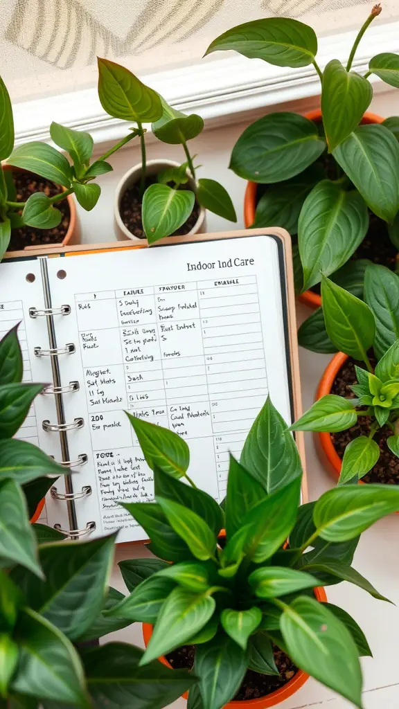 A planner for indoor plant care surrounded by green plants in pots