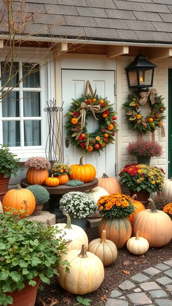 A cozy cottage garden entrance with pumpkins, flowers, and seasonal wreaths.