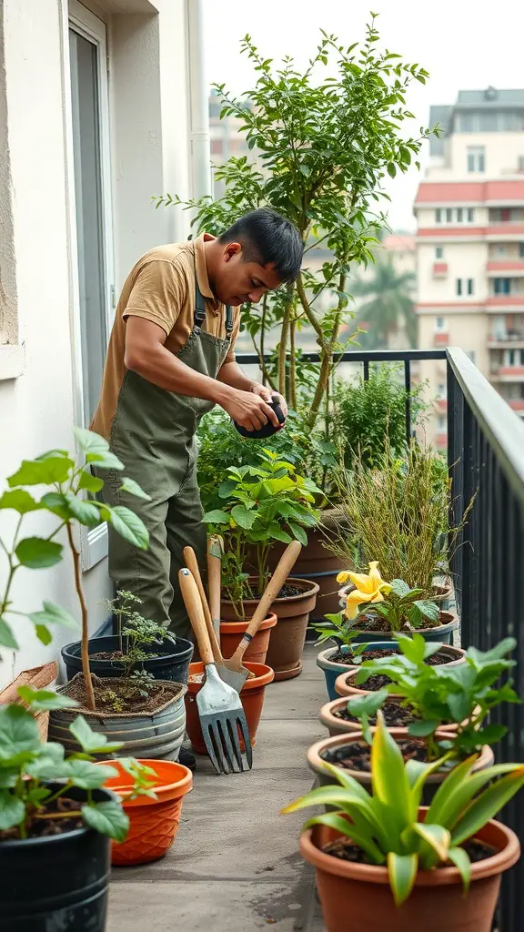A person tending to a balcony garden filled with various potted plants.