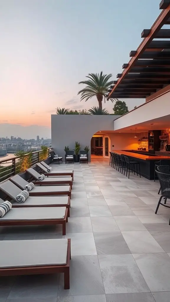 A modern terrace featuring lounge chairs and a bar area, surrounded by palm trees and a sunset view.
