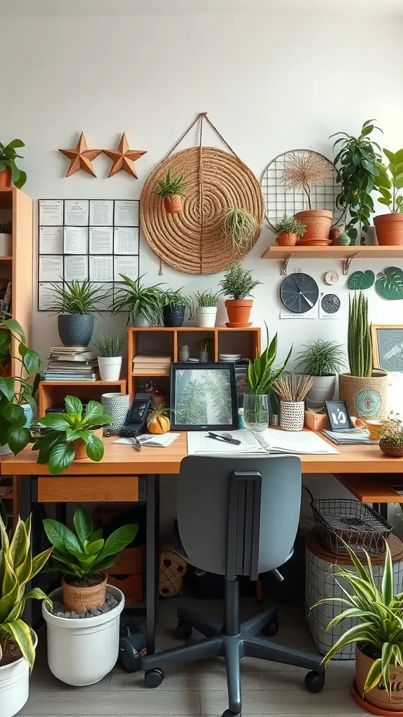 A cozy workspace filled with various plants, showcasing a warm and inviting decor.
