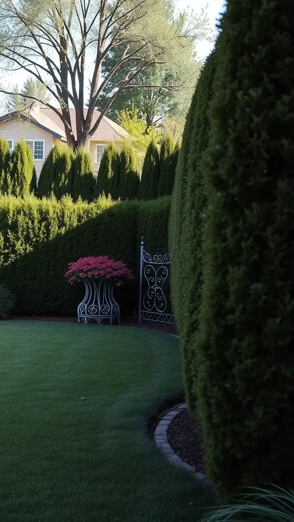 A well-maintained garden featuring tall hedges, a decorative gate, and colorful flowers.