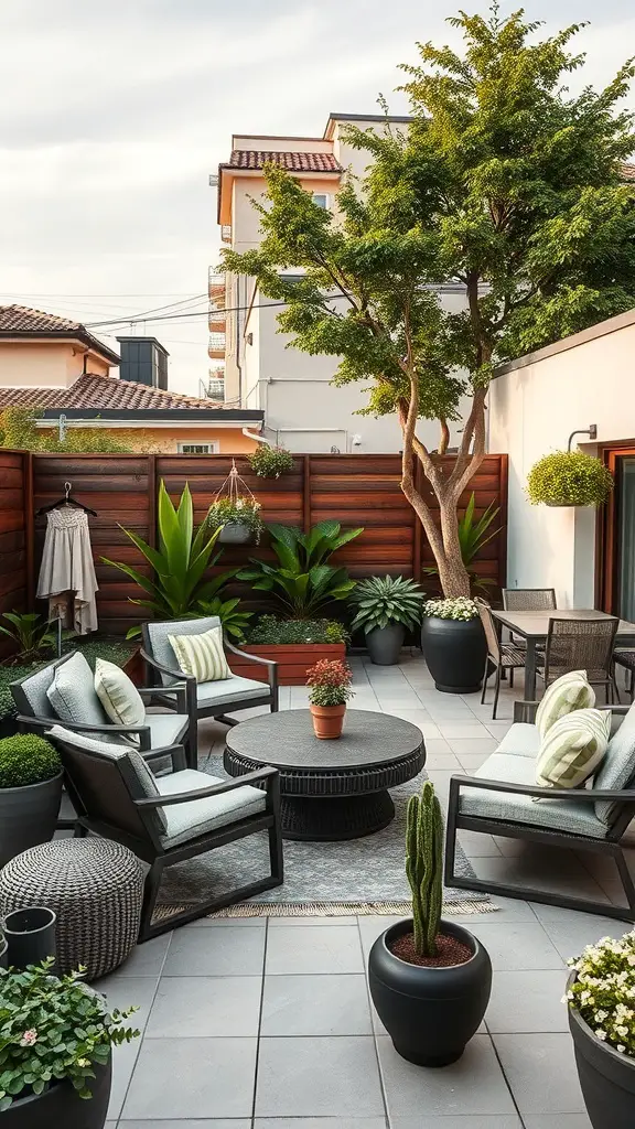 A beautifully designed terrace with comfortable seating, plants, and a central table.