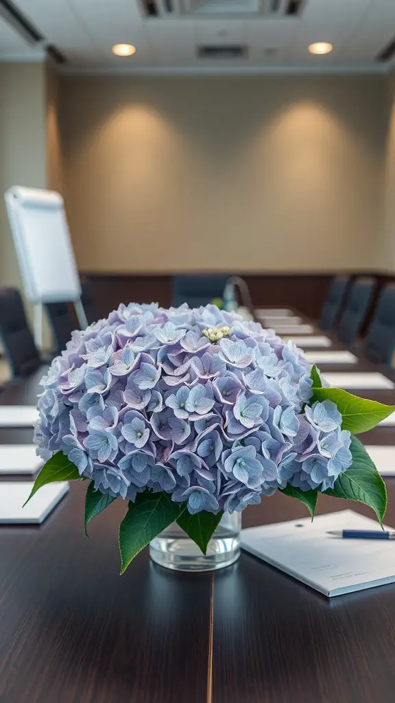 A hydrangea bouquet on a conference table in a corporate setting