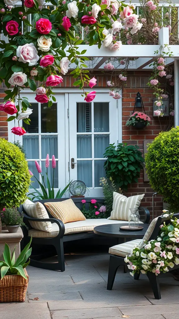 Cozy seating area in a garden with flowers and greenery