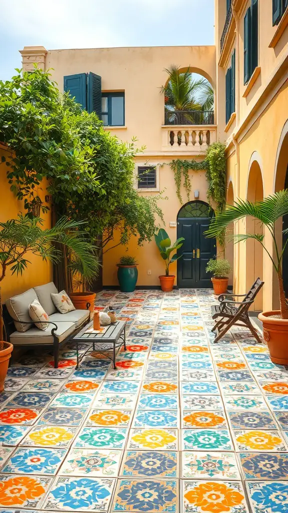 A vibrant patio with colorful tiled flooring, surrounded by greenery and stylish furniture.