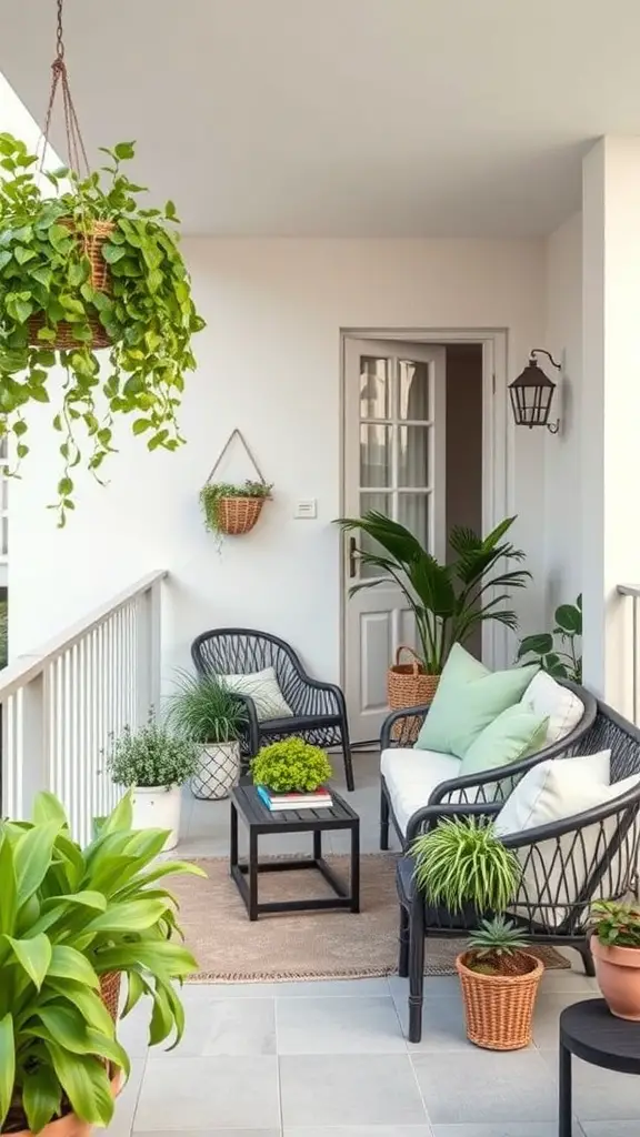 A cozy balcony garden with black wicker furniture, potted plants, and hanging greenery.