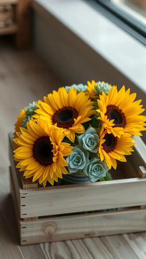 A bouquet of sunflowers and succulents arranged in a wooden crate.