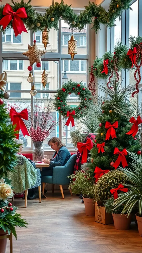 A cozy indoor space decorated with seasonal plants, wreaths, and red bows for a festive look.
