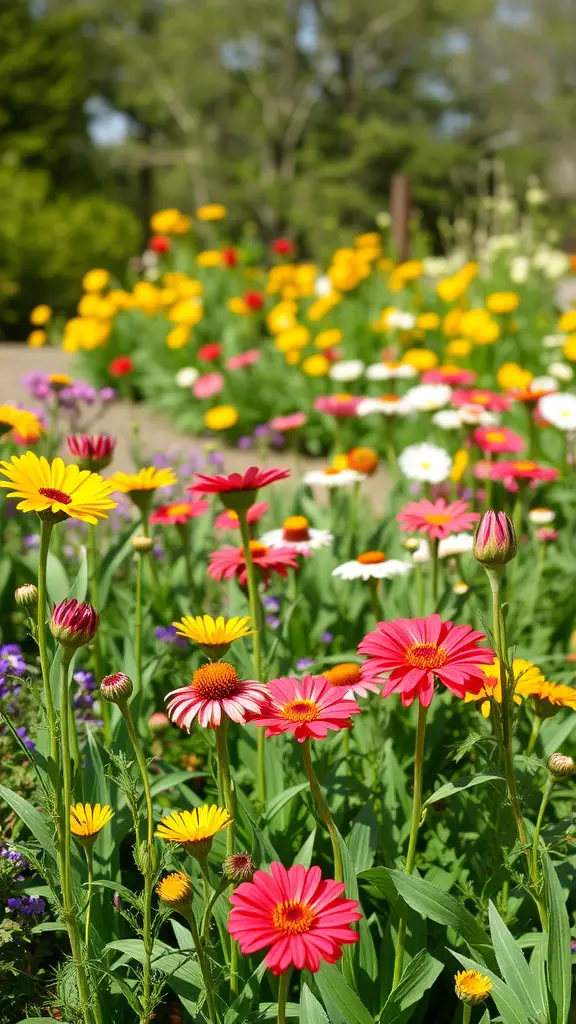 A colorful flower garden featuring a variety of blooms in yellow, pink, and white.
