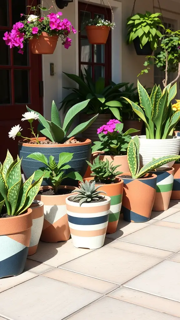 Colorful plant pots with various designs and flowers
