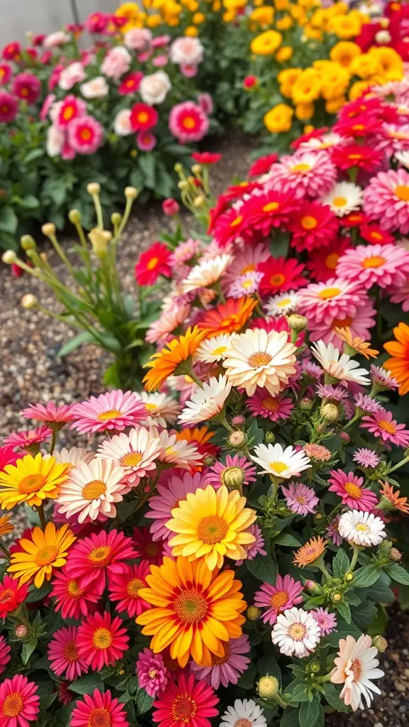 A colorful flower garden featuring pink, orange, yellow, and white flowers.
