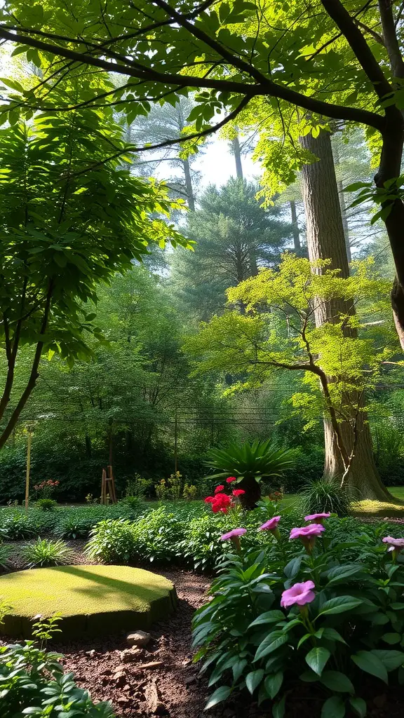 A lush shade garden featuring vibrant flowers and tall trees, creating a serene atmosphere.