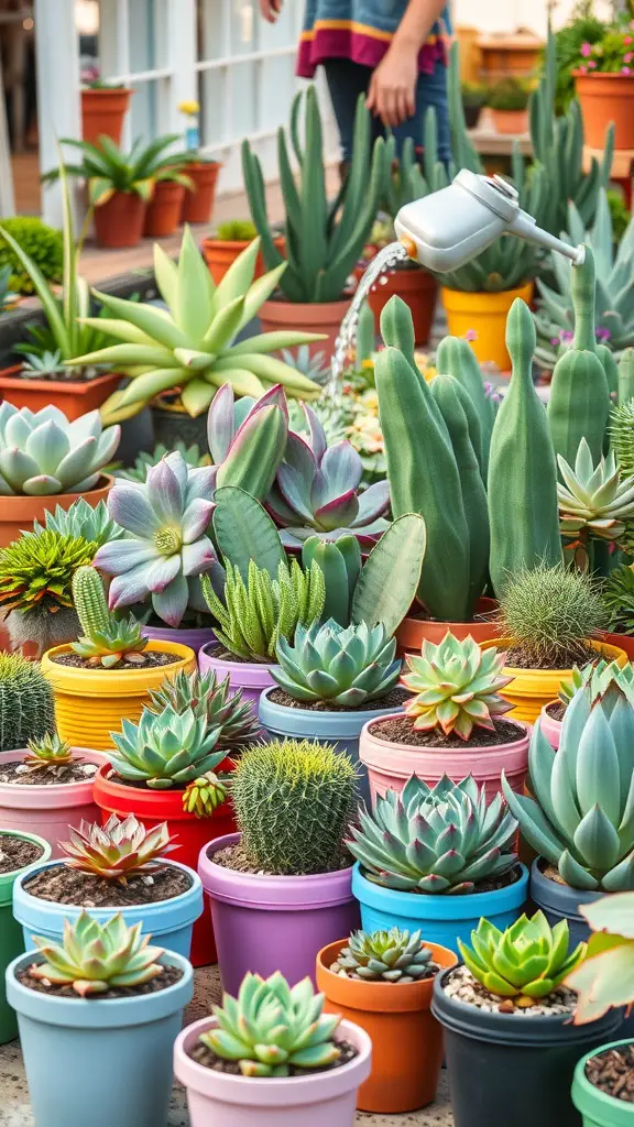 A collection of colorful potted succulents being watered by a person.