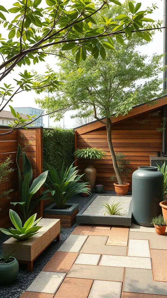 A sustainable terrace design featuring greenery, natural materials, and a cozy seating area.