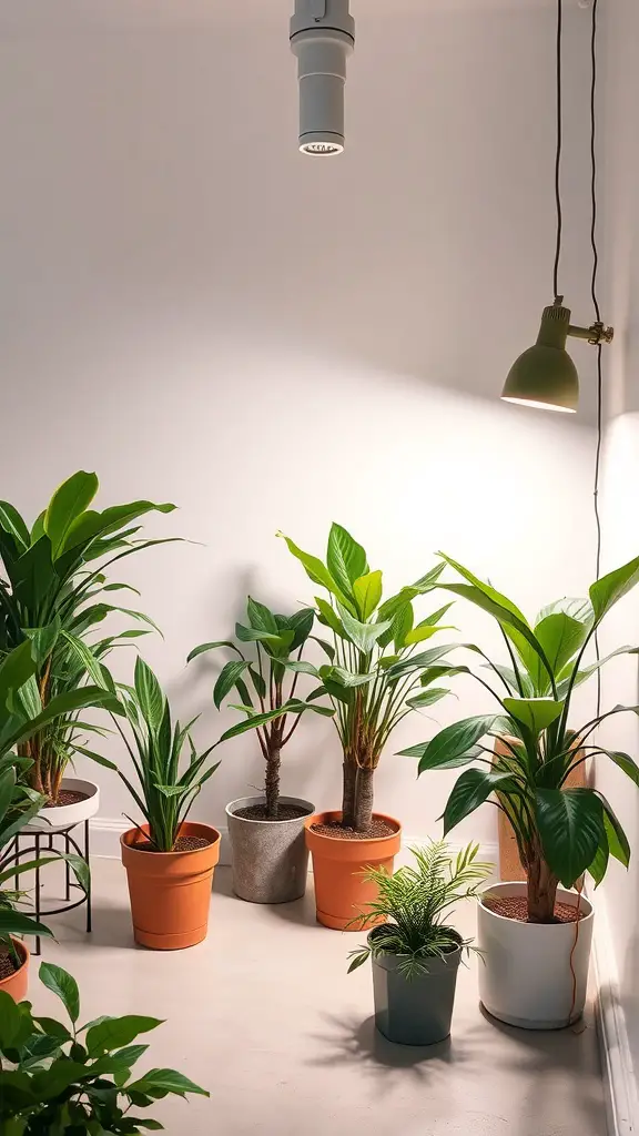 Indoor plants under different light sources in a cozy setting