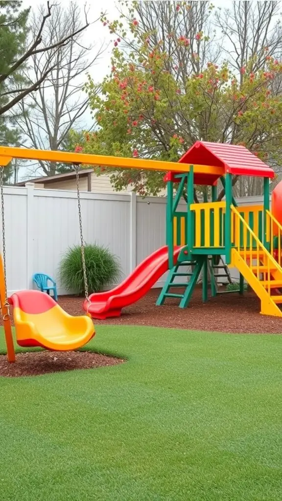 A colorful playground with swings, a slide, and a climbing structure in a grassy area.