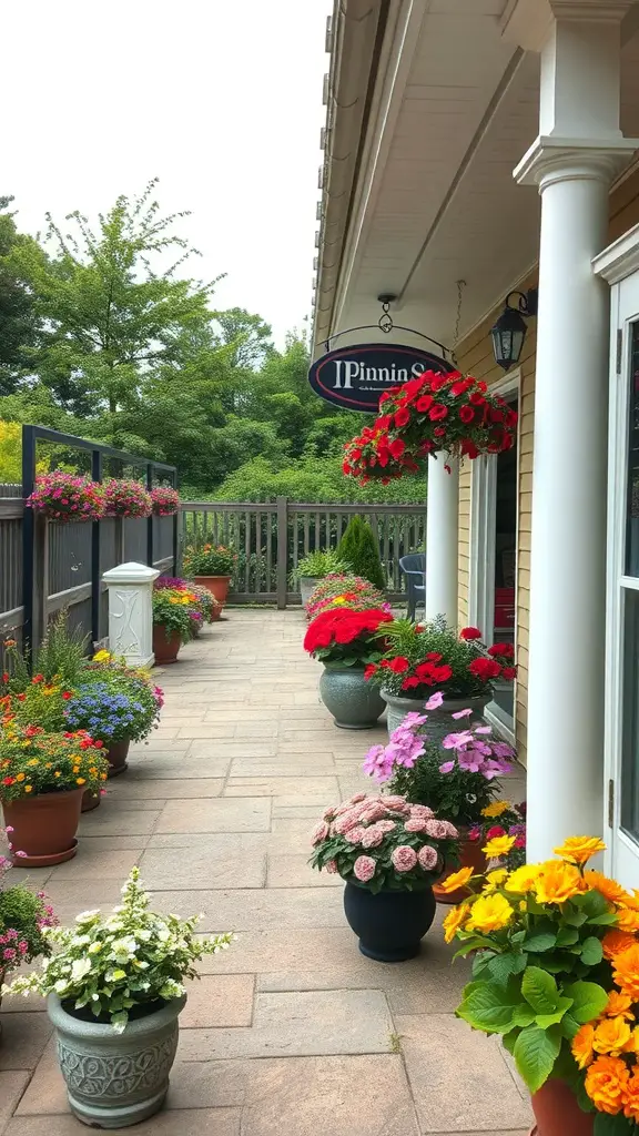 A patio with colorful flower displays in pots and hanging baskets.