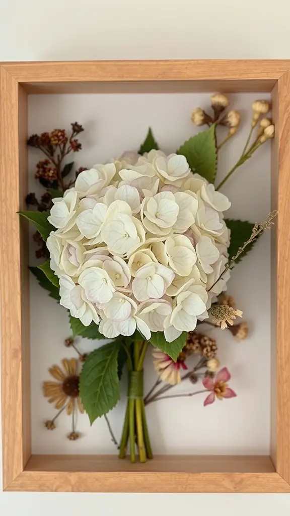 A preserved hydrangea bouquet displayed in a wooden frame with dried flowers and leaves.