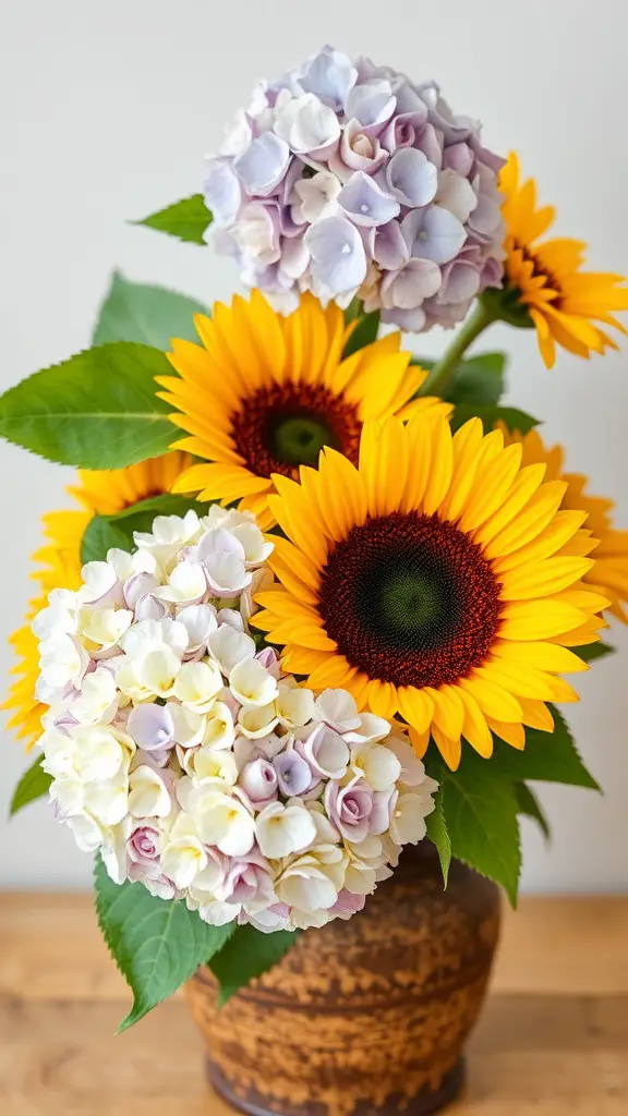 A bouquet featuring bright yellow sunflowers and soft-colored hydrangeas in a decorative pot.