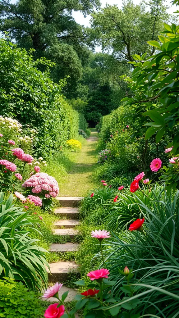 A hidden garden pathway lined with flowers and greenery.