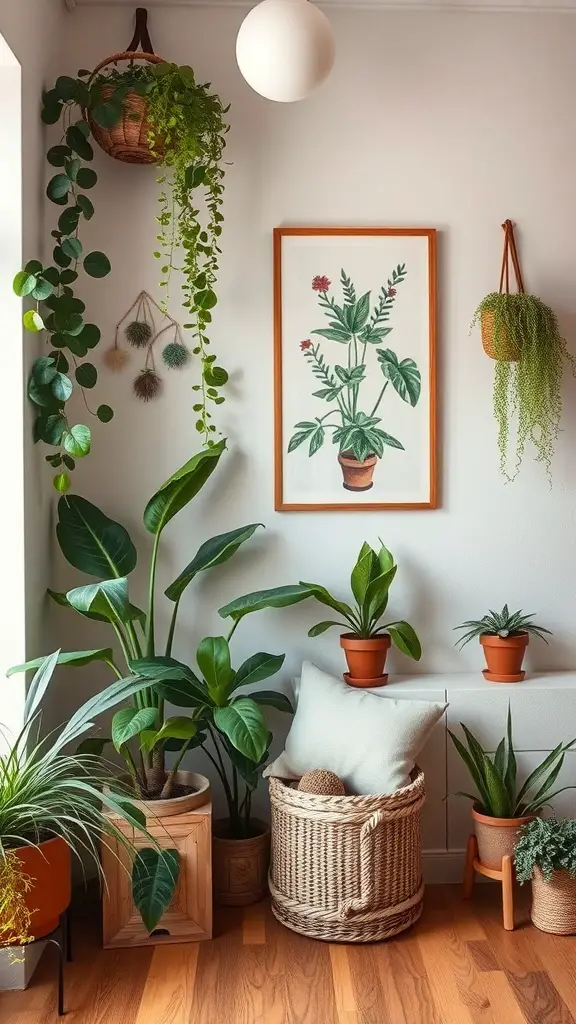 A cozy indoor space featuring various plants and a framed botanical print on the wall.